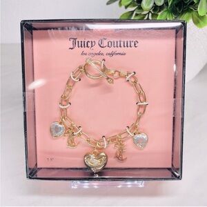 NEW Juicy Couture Gold Tone Crystal‎ Heart Logo Charm Toggle Bracelet 7.5 Inch